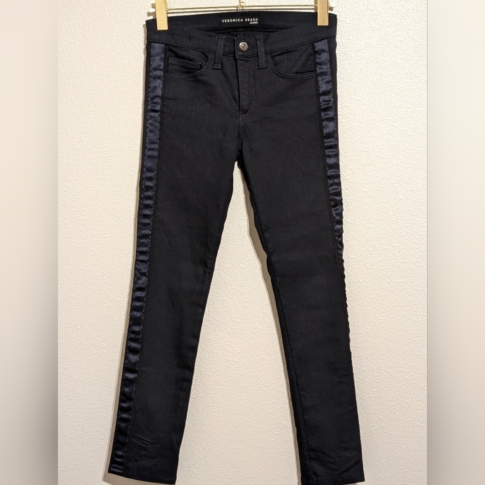 Veronica Beard Brooke 8.5" Skinny Jeans Tuxedo Stripe Size 26 Indigo Satin